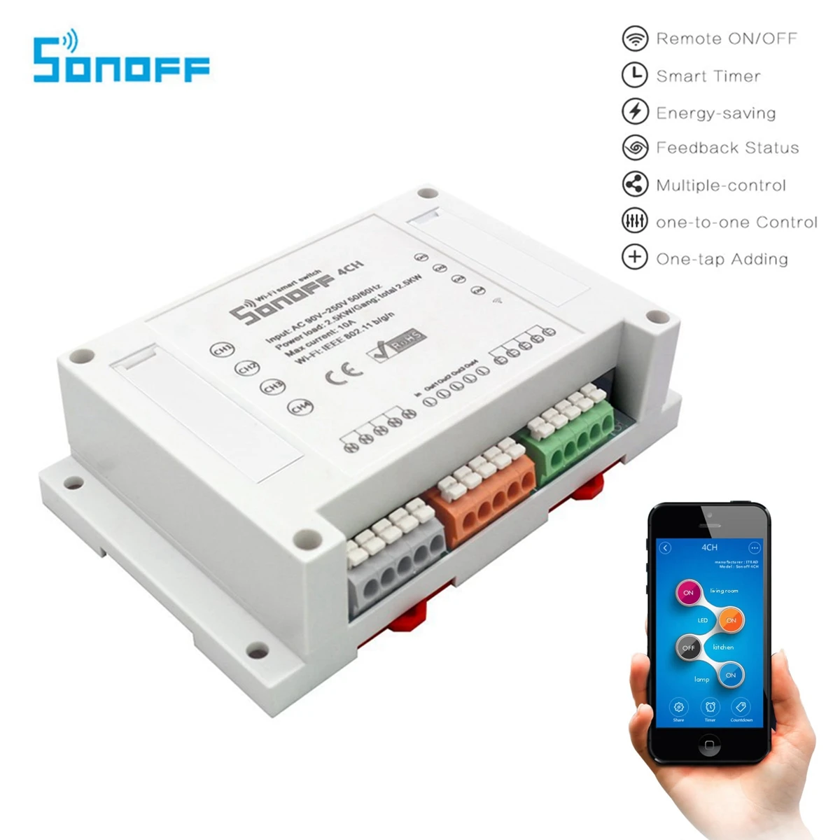 

SONOFF 4CH - 4 Channel Mounting Wireless Switch Remote Control Din Rail WIFI Smart Switch for Smart Home 10A/2200W