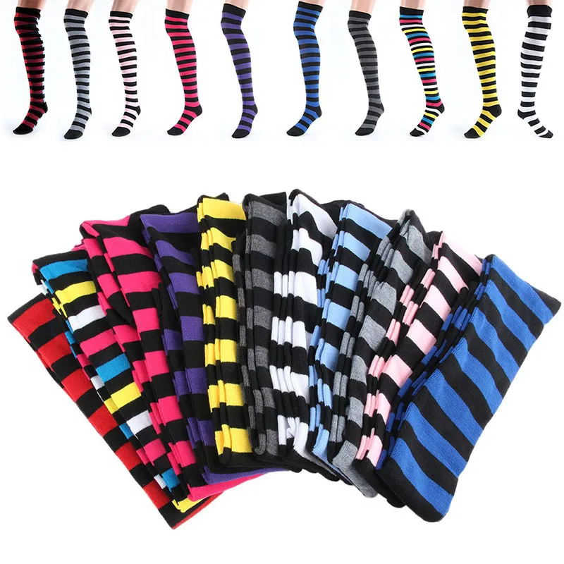 Women Girls Over The Knee Socks Thigh High Long Striped Stocking 11 Colors
