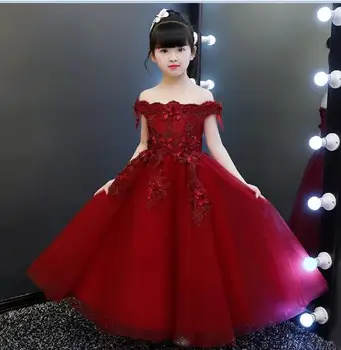 

High Quality embroidery Red Girls Dress Lace Flower Decoration Wedding party Dress Appliques Girl Christmas dress Long/short