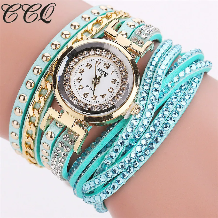 CCQ новые модные повседневные кварцевые женские часы со стразами плетеный кожаный браслет часы подарок Relogio Feminino подарок#5/22 - Цвет: Зеленый