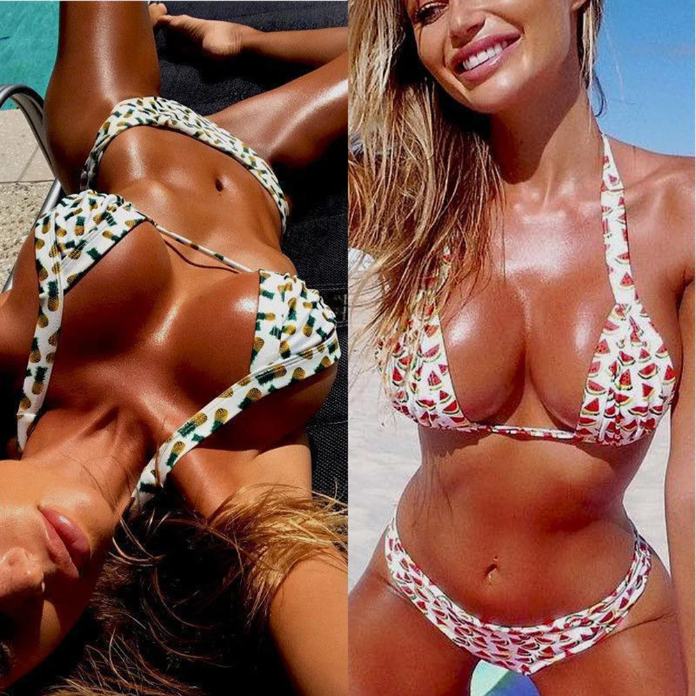 

Women Bikini Set 2018 Sexy Pineapple Watermelon Swimsuit Halter Swim Bathing Suit Swimwear Beachwear Biquini Maillot De Bain
