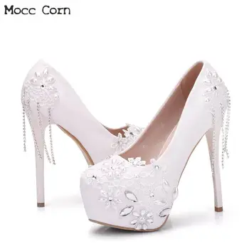 

White Crystal Wedding Shoes Bride Rhinestone High Heels Lace Tassel Red Bridesmaid Dress Heels Platform Shoes Women Luxury Pumps