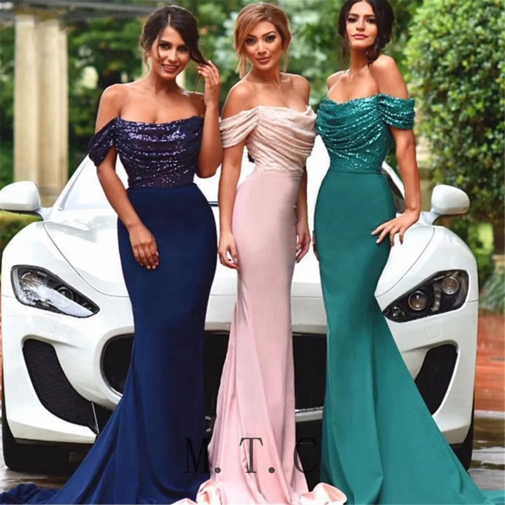 

High Quality Mermaid Dresses Bridesmaid 2019 Boat Neck Off The Shoulder Sequins Top Elastic Satin Long Wedding Party Dress Cheap
