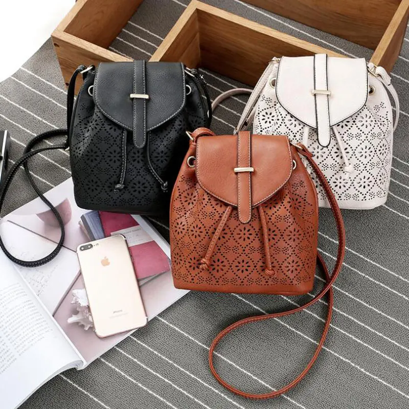 Luxury Hollow Out Shoulder Bags String Women Bucket Bag Designer PU Leather Messenger Bags Women's High Quality Handbags