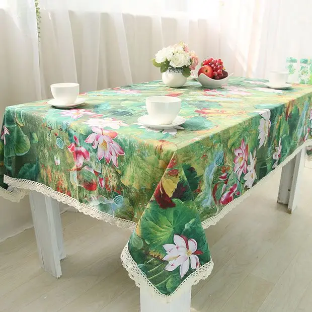 

Lotus Cotton Table Cloth Chinese Style Vintage Flower Rectangle Table Cover Green Tablecloth with Lace Edge GQ30