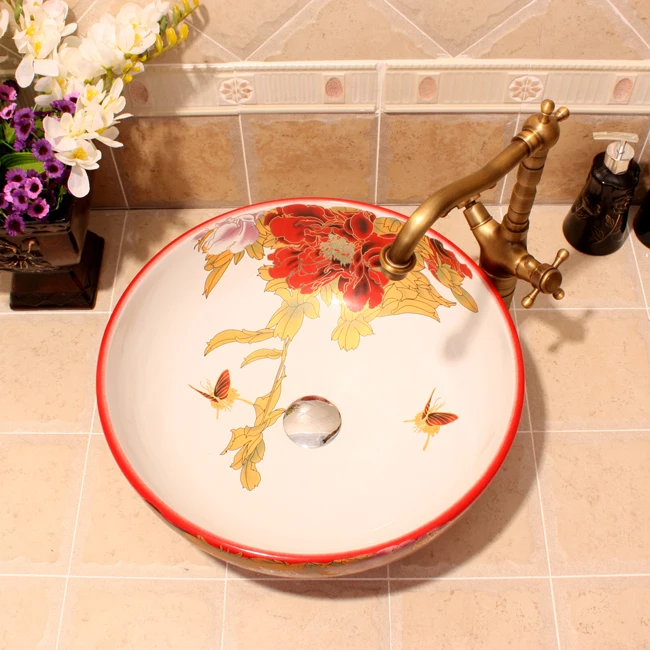 Europe Vintage Style Ceramic Art Basin Sinks Counter Top Wash Basin Bathroom Vessel Sinks vanities ceramic wash bowls peony (6)
