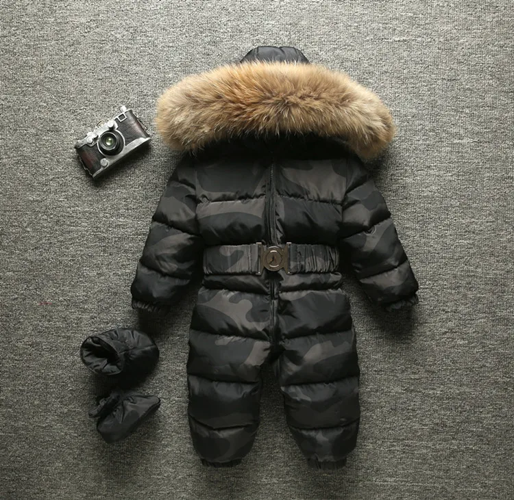 

2018 Winter Warm Baby Rompers Jumpsuit Children Duck Down Overalls Toddler Baby Boys Girls Fur Hooded Romper Clothing
