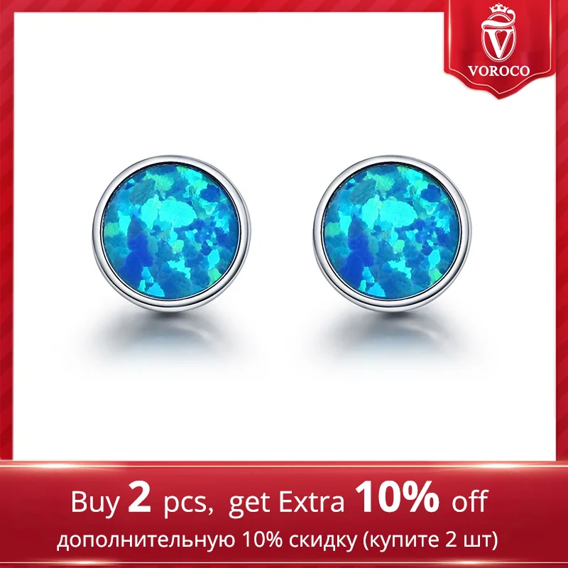 VOROCO Genuine 925 Sterling Silver Stud Earrings Simple Round Glitter Blue Opal Earring Women Girls Fine Jewelry Brincos VSE090