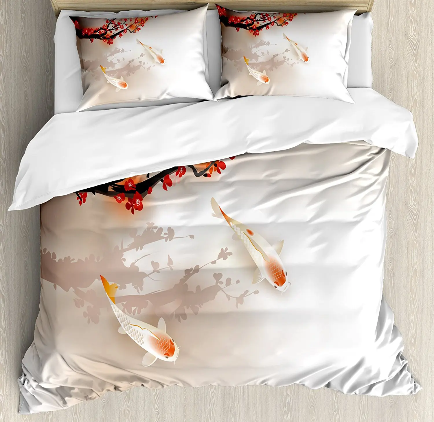 Koi Fish Duvet Cover Set King Size Sakura Branch and Leaves Sacred