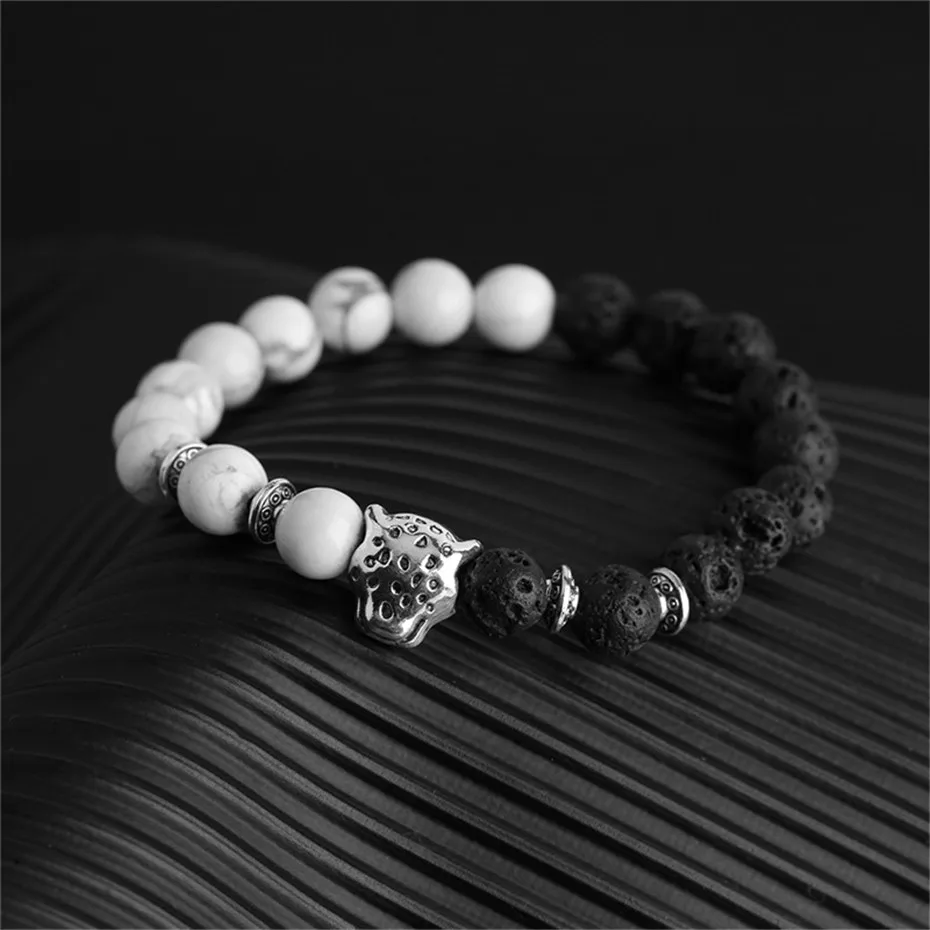Antique Natural Stone Leopard Head Beaded Bracelet Beads Black Gray Lava Rock Stone Men Women Boy Gifts Couple Bracelets (18)