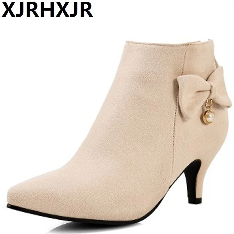

2019 New Winter Women Ankle Boots High Thin Heel Pointed Toe Elegent Sexy Ladies Women Shoes Beige Snow Boots Big Size 34-43