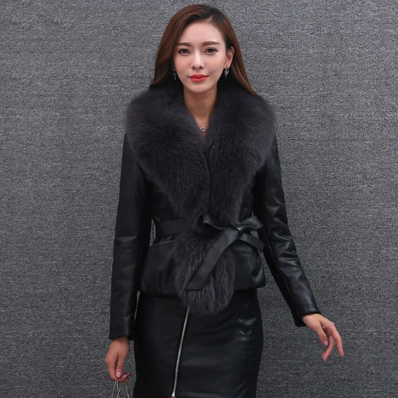 Autumn Winter Women Bomber Faux Fox Fur Collar Stitching PU Jacket Locomotive Coat With Belt Female Warm Plus Size Outwear O678