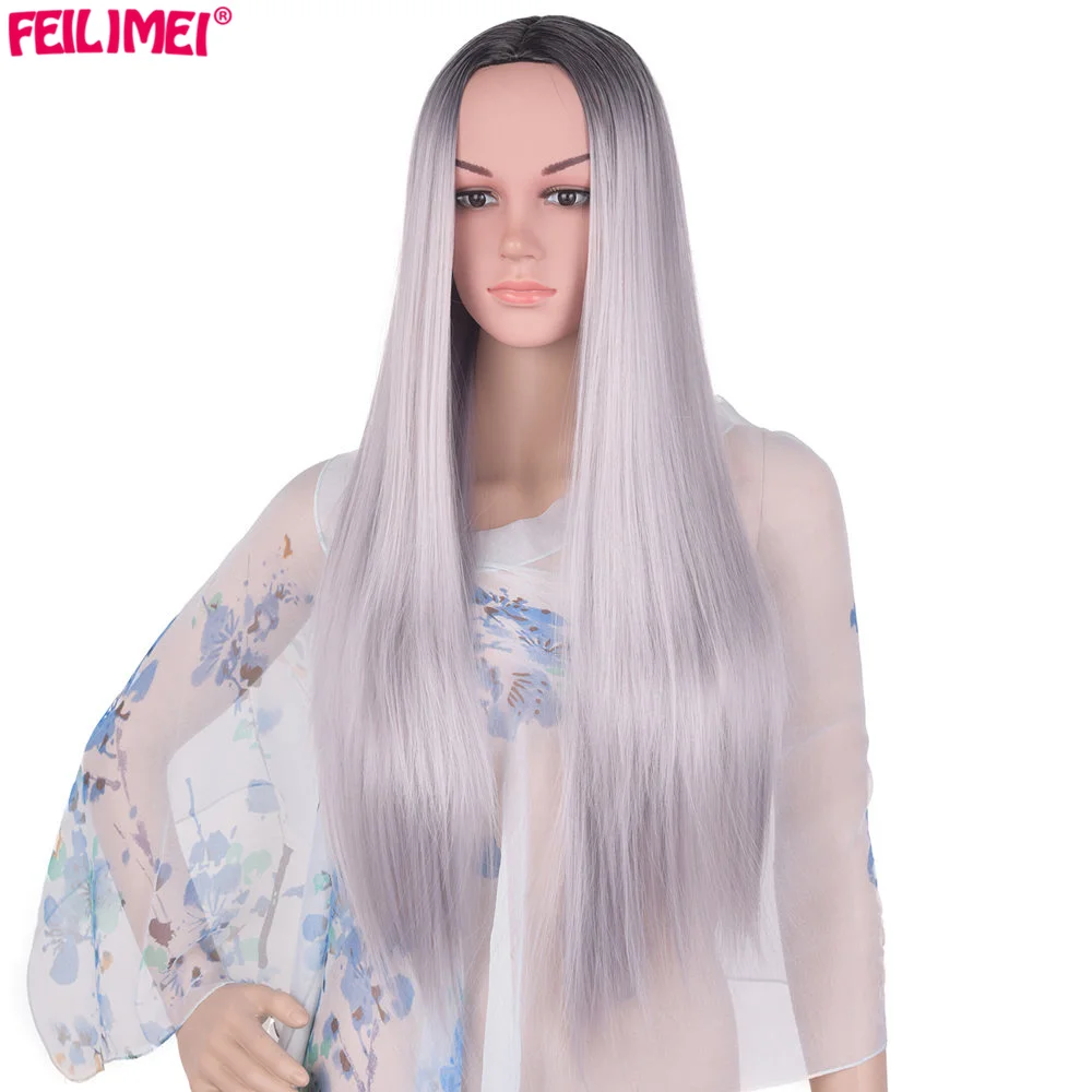 Feilimei Ombre Grey Wig Синтетическое японское волокно 60см 280г Длинные прямые штаны Черные серые парики для женщин Наращивание волос