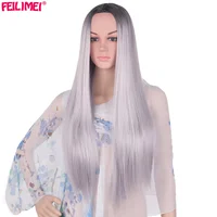 Feilimei Ombre Grey Wig Синтетическое японское волокно 60см 280г Длинные прямые штаны Черные серые парики для женщин Наращивание волос