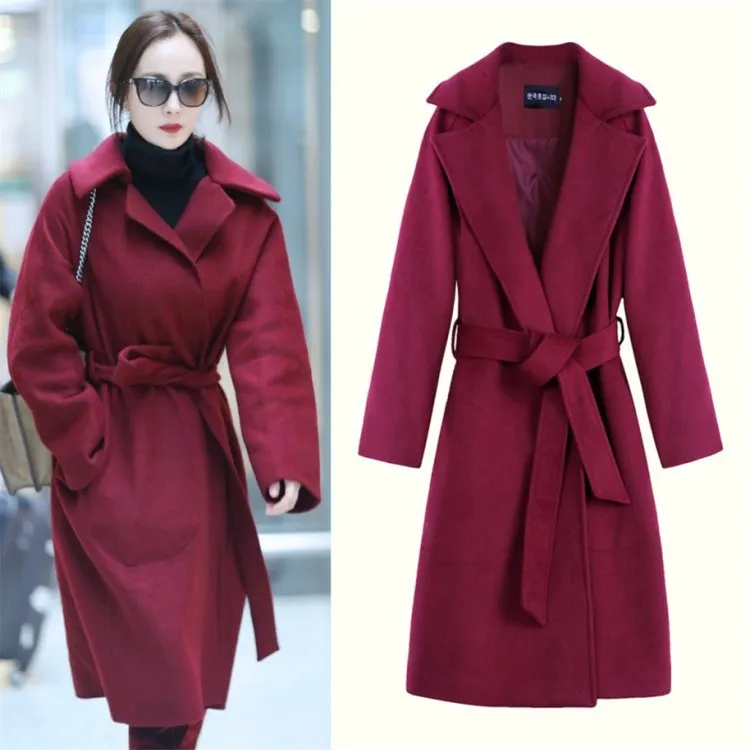 

Slim long high waist wool coat Deep rose wine notched belt Coat open back dark red thick coat maxi X-long woolen blend outwear