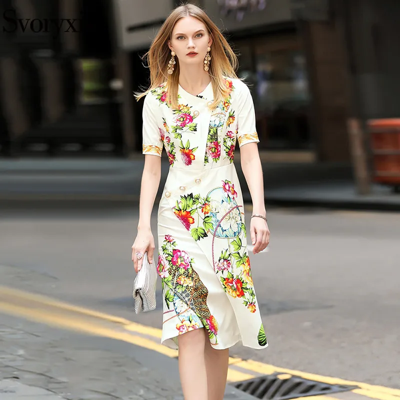 

Svoryxiu Elegant Flower Print White Mermaid Dress Women's luxury Pearl Button Runway Designer Summer Party Dresses Vestdios