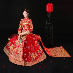 Феникс платье невесты торжественное платье Китайский Стиль костюм Феникс Cheongsam вечернее платье Show Одежда Тонкий Стиль для свадьбы