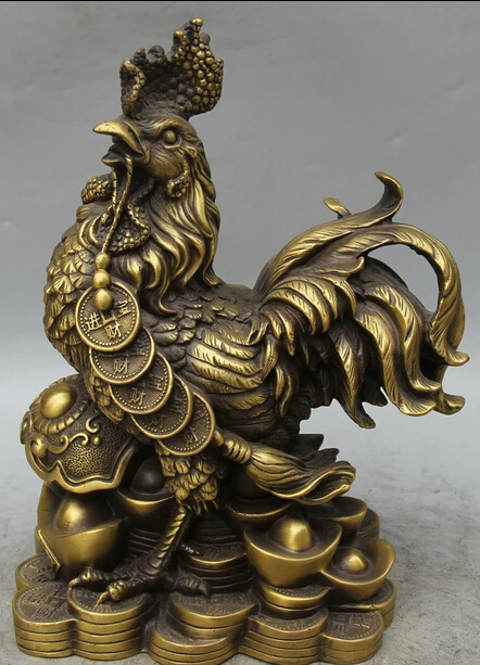 

JP S62 13" Chinese Copper Ru Yi Wealth Money Zodiac Year Rooster Cock Statue sculpture