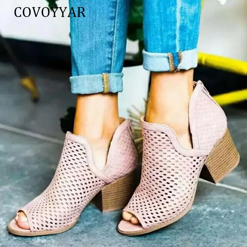 

COVOYYAR 2019 Summer Ankle Boots Cut Out Holes Square High Heels Shallow Sandals Peep Toe Zipper Shoes Woman Big Sizes WBS019