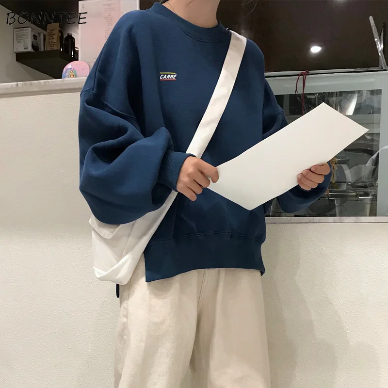  Hoodies Women Harajuku Loose Trendy Letter Embroidery Lantern Sleeve Sweatshirts Students All-match