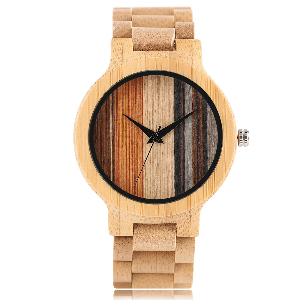 

Full Bamboo Hand-made Design High Quality Men's Quartz Wristwatch Color Stripes Dial Bracelet Clasp Casual Fashion Men Watch