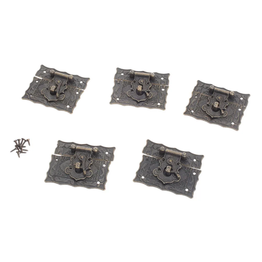 

DRELD 5Pcs Antique Bronze Rectangle Clasp Decorative Jewelry Gift Wine Wooden Box Hasp Latch Hook Iron Buckle W/Screws 67x56mm