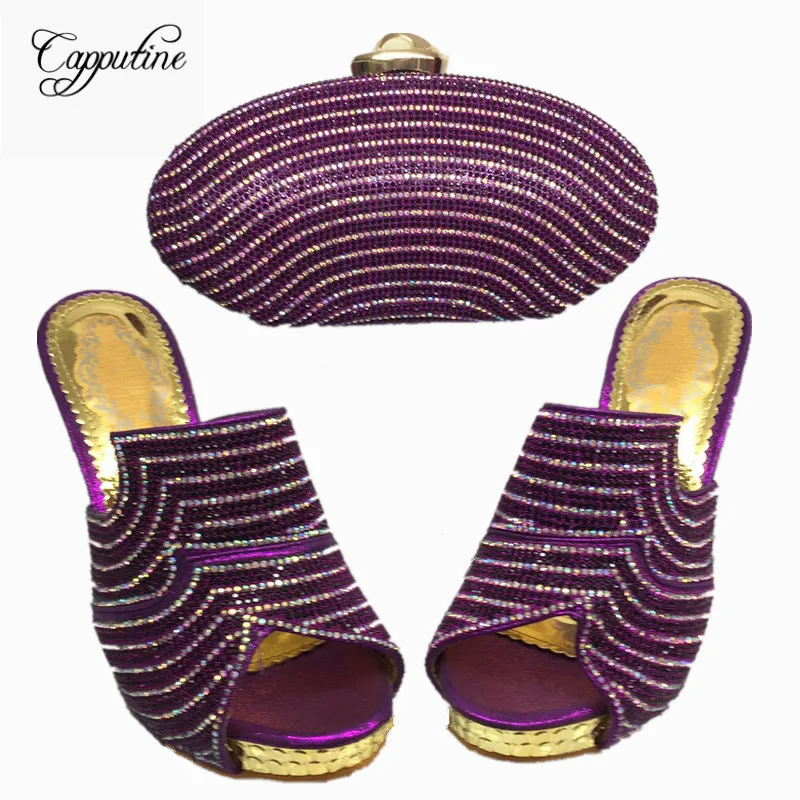 

High Quality Rhinestone Slipper Shoes And Bag Set New Africa Woman High Heels Shoes And Bag Set For Party 7Colors BL435C