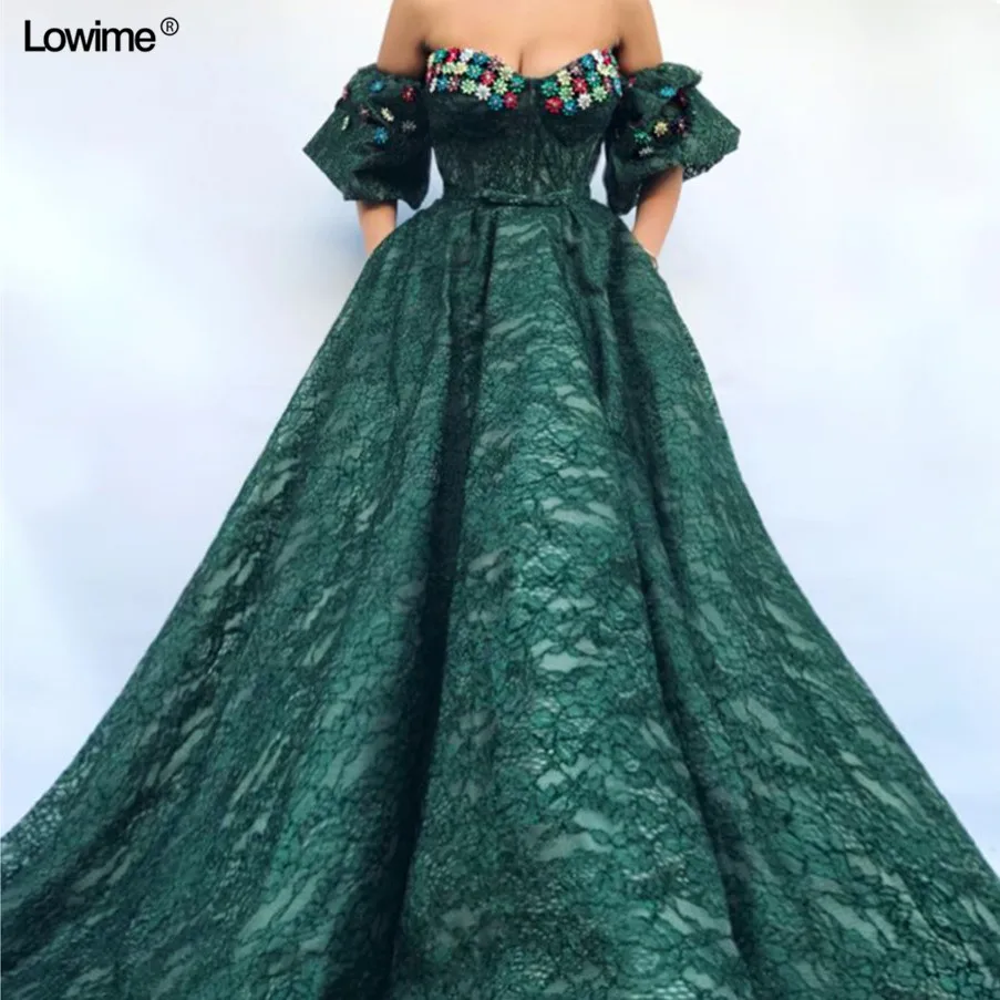 

Newest Drak Green Full Lace Long Evening Dresses A-Line Off Shoulder Formal Evening Prom Party Dresses Ceremony Party Gowns