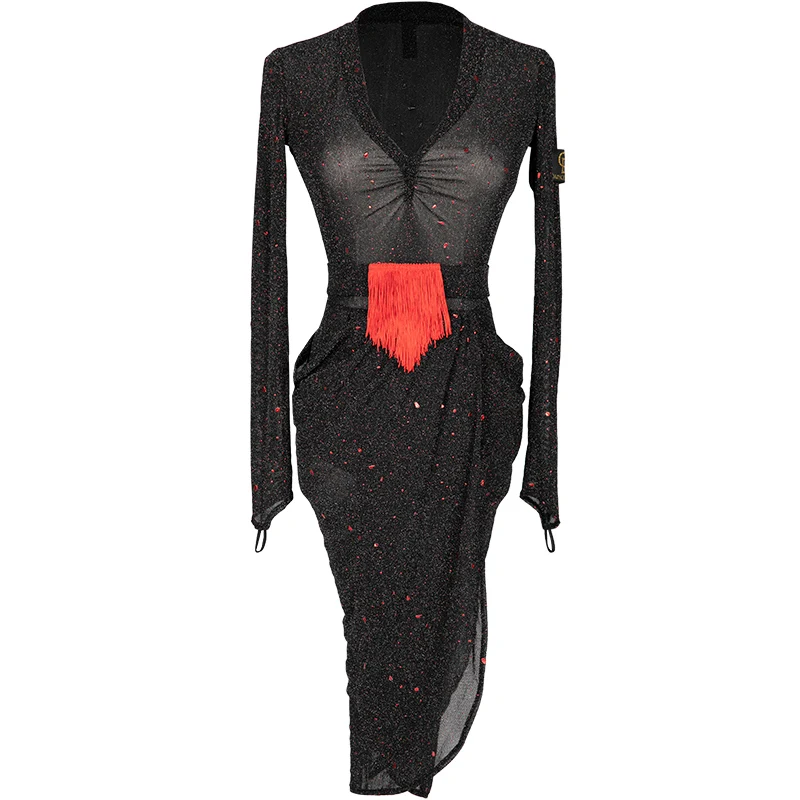 

Black sexy V-neck transparent tassel New Latin dance dress long sleeve salsa tango latin dance competition dresses for women