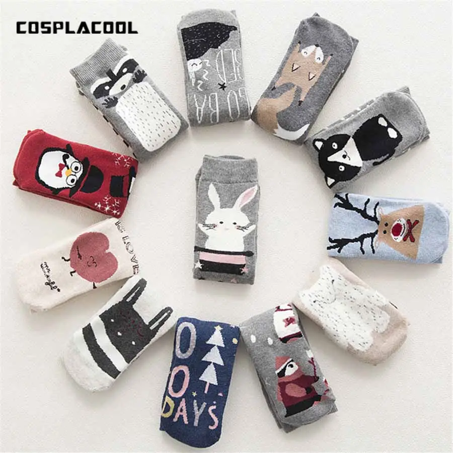 

2019 New Autumn Winter Warm Terry-Loop Cute Socks Cartoon Animals Patterns Series Funny Socks Meias Warmer Christmas Sox Gift