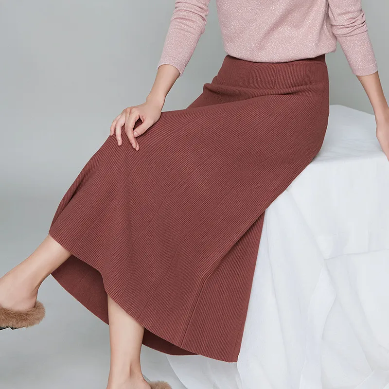 Women Knitted Pleated Skirt Female Autumn Winter High Waist Long Skirts