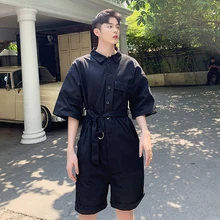 Summer designer tooling jumpsuit shorts tide brand men's Korean version loose BF wind waist waist five pants Stage Costumes