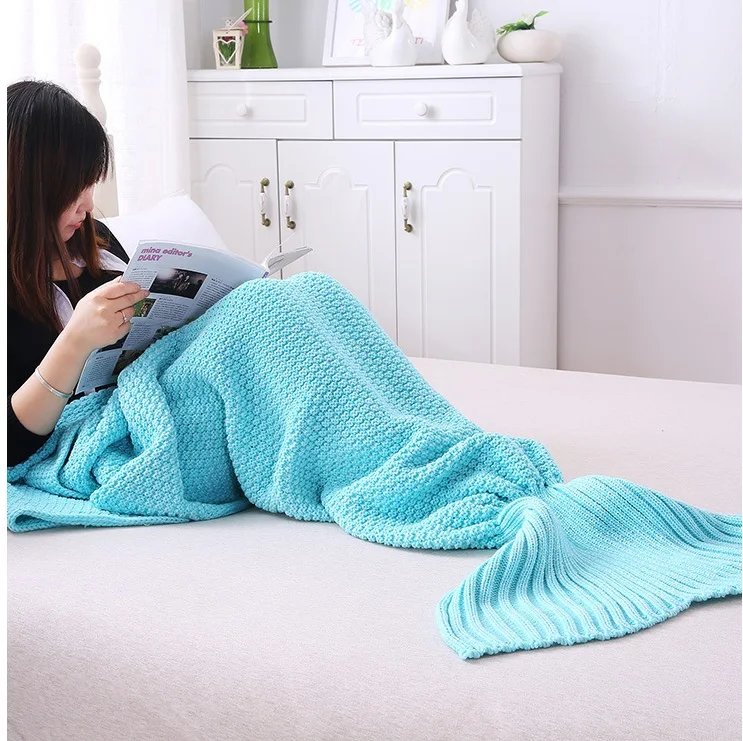 

CAMMITEVER Mermaid Tail Blanket Yarn Knitted Handmade Crochet Mermaid Blanket Kids Throw Bed Wrap All Seasons Sleeping Knitted