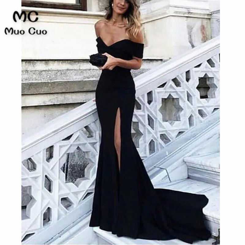 

2019 New Mermaid Black Evening Prom Dresses Short Sleeve Elastic Satin Floor Length Front Slit Formal Evening Party Dresses