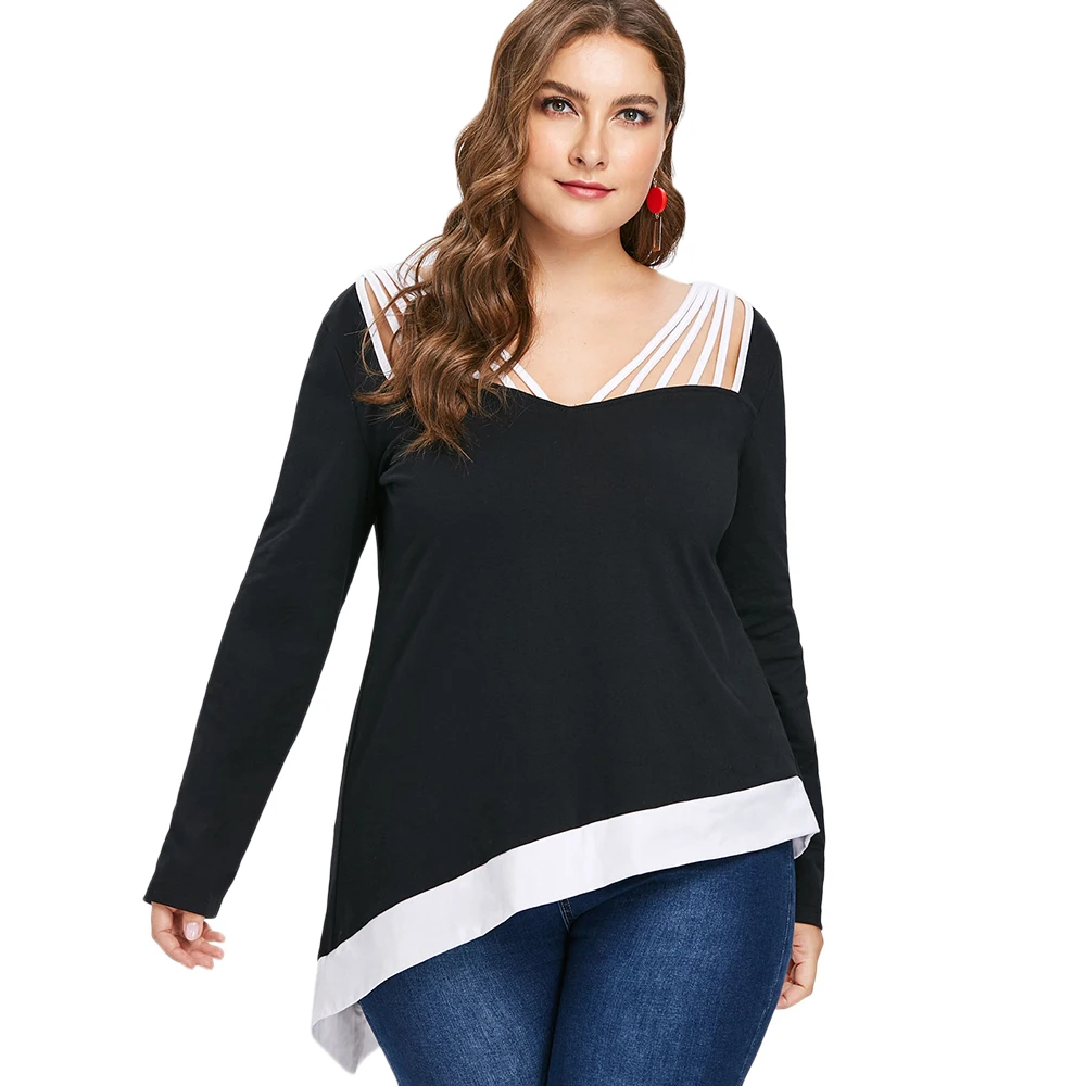 

Plus Size 5XL Long Sleeve T-Shirt Women Autumn Spring V Neck T Shirt Women Grommet Strappy Cutout Tee Poleras De Mujer Moda 2018