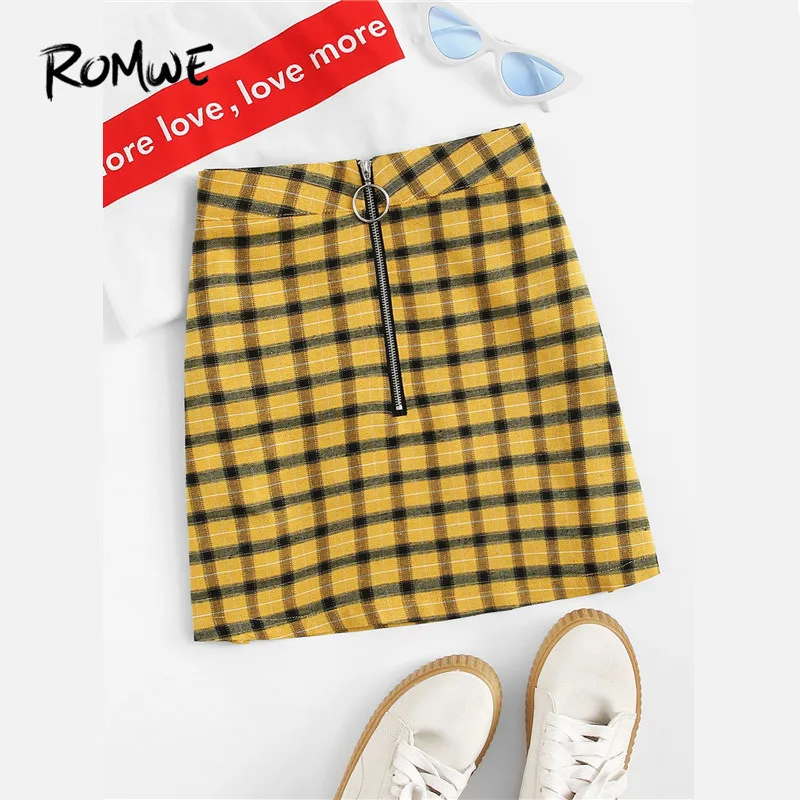 

ROMWE Plaid Zipper Front Mid Waist Female Yellow Short Skirt 2019 Summer Women Preppy Style Tartan Above Knee Mini Skirts