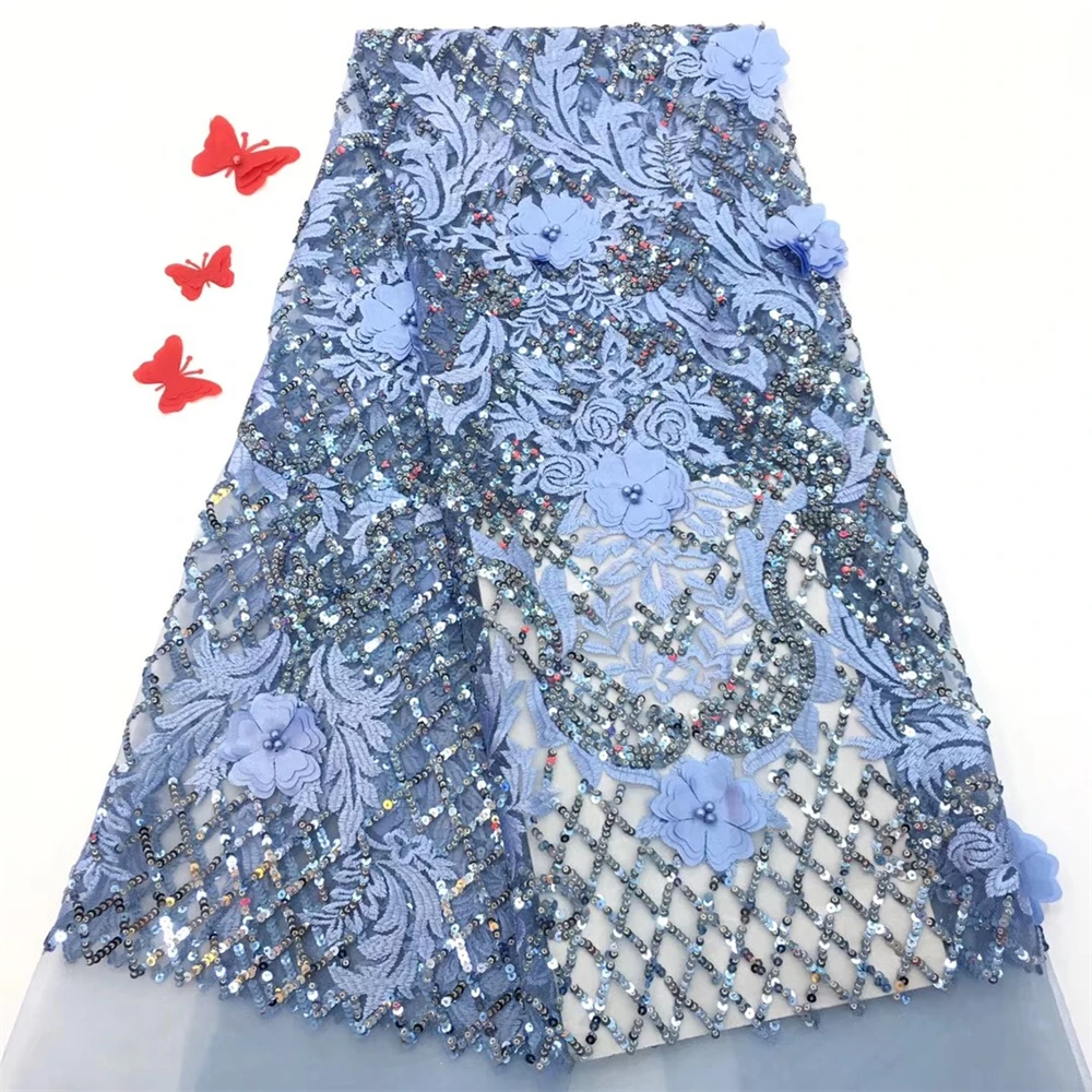 

Tollola High Quality African Lace Fabric Sky Blue French Embroidery Sequins Tulle Lace Fabric For Nigerian Wedding Party Dress