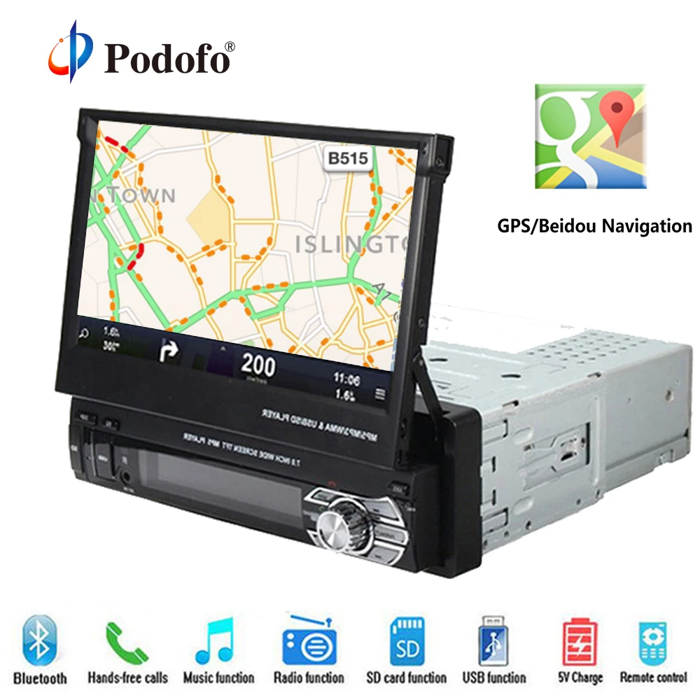 Podofo Car Radio GPS Navigation Car Stereo Bluetooth Autoradio 7 HD Retractable 1 din DVD Player