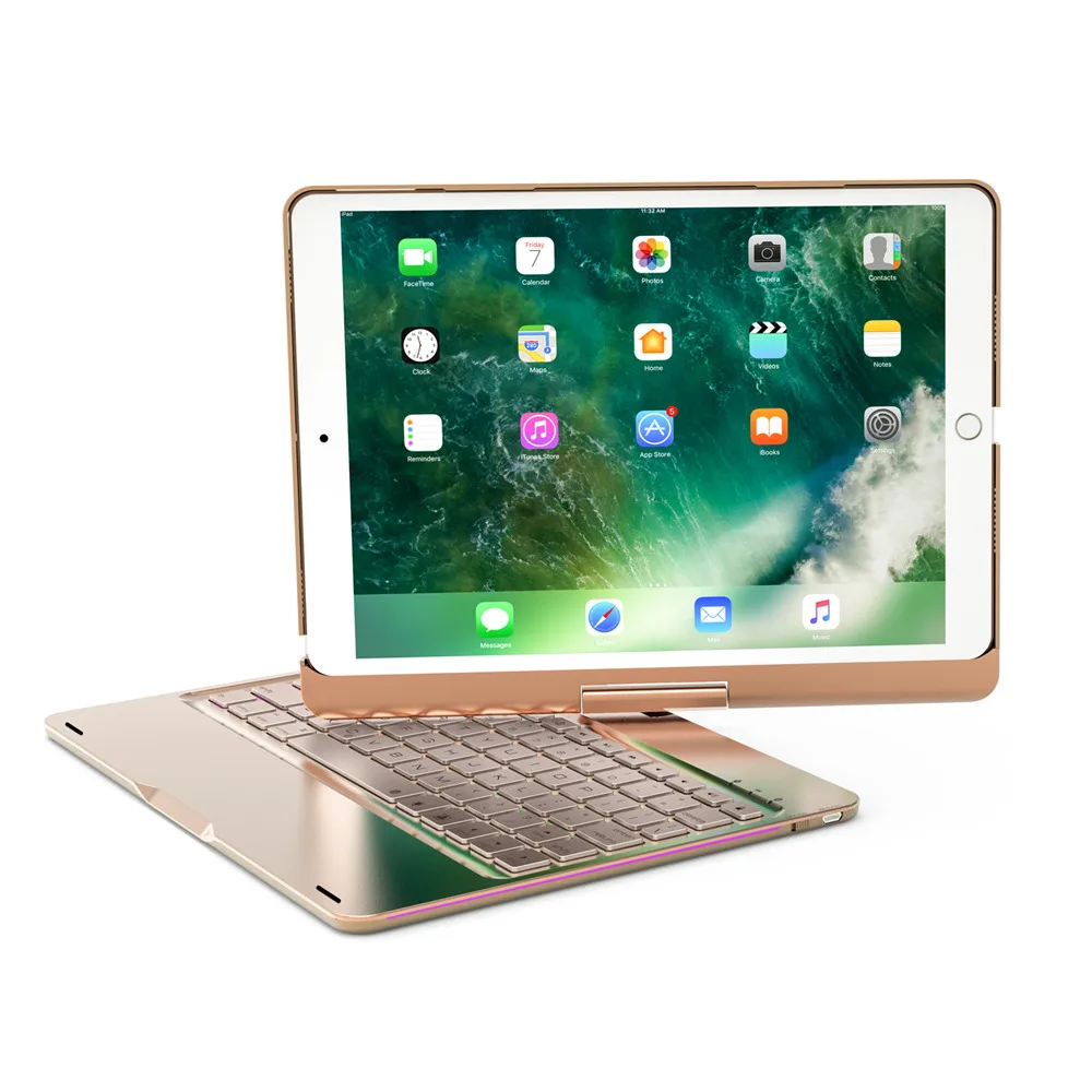 For iPad 9.7 2018 360 Degree Rotation Aluminum Bluetooth Russian/Spanish/Hebrew Keyboard Case Cover With 7 Colors LED Backlight