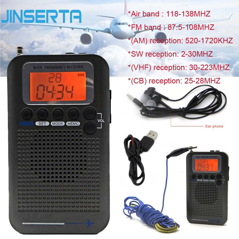 

JINSERTA Aircraft VHF Radio Full Band Stereo Receiver Portable CB/FM/AM/SW Radio with LCD Display Alarm Clock&Earphone 2019 New