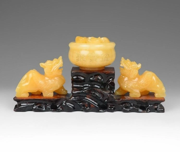 

Chinese Topaz Jade Fengshui Brave troops kylin Unicorn Treasure Bowl Statue Set