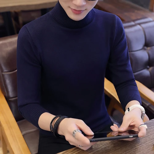 navy blue Мужской брендовый свитер, модный Повседневный свитер с высоким воротником, Мужская одежда, облегающий фирменный вязаный пуловер с высоким воротом, одноцветные свитера - Цвет: navy blue