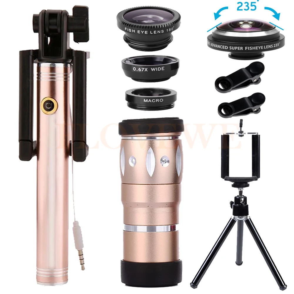 

2017 Phone lenses Kit 10X Telephoto Zoom Lens Telescope Wide Angle Macro 235 degrees Fisheye Lentes Selfie Stick For Smartphone