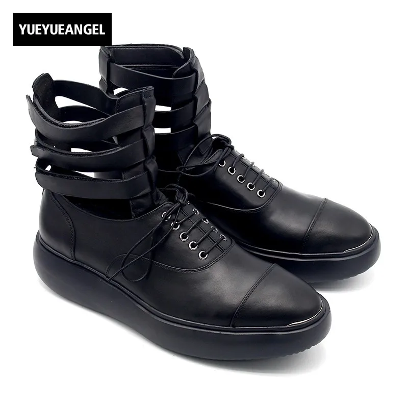 Gothic Straps Hollow Out High Top Mens Ankle Boots Retro Nature Leather Thick Platform Shoes Casual Boots Runway Med Heels Shoes Gothic Straps Hollow Out High Top Mens Ankle Boots Retro Nature Leather Thick Platform Shoes Casual Boots Runway Med Heels Shoes