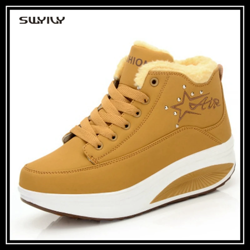 SWYIVY Women Toning Shoes Thick-sole Warm Velvet Swing Shoe 2018 New Height Incresing Lace-up Slimming Snow Short Boots For Lady