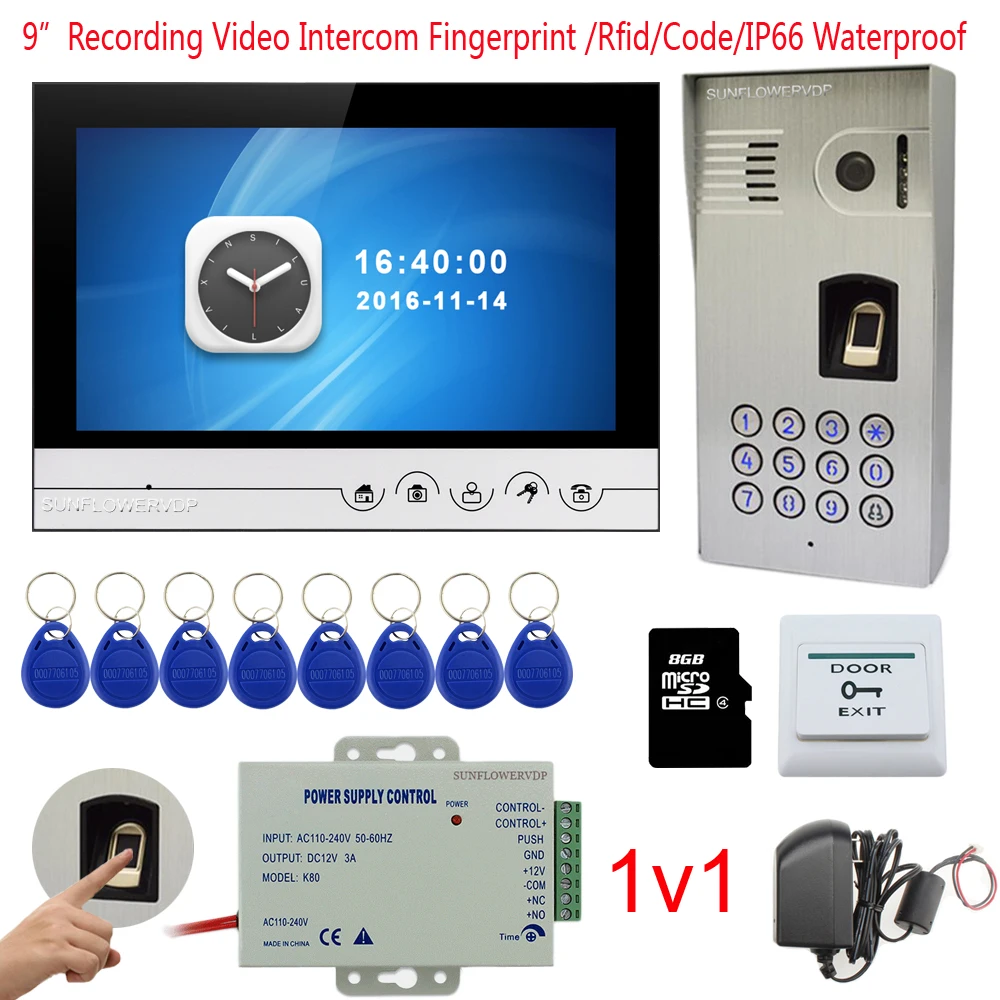 

IP66 Waterproof Security Video Door Bell Fingerprint Keypad Video Intercom For A Private House Rfid + 9" Color Recording Monitor