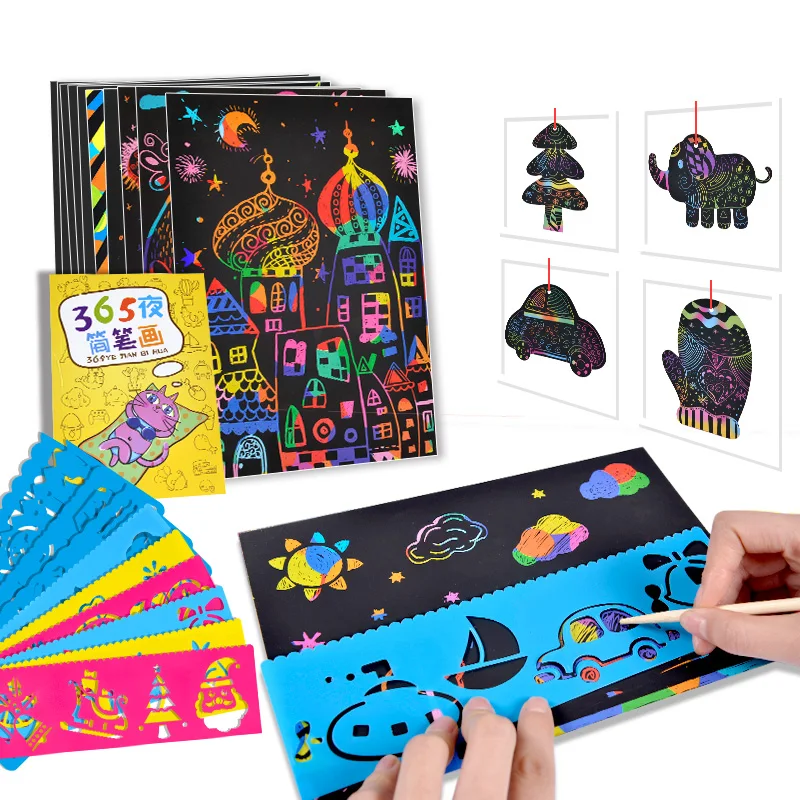 New  Small and Large size Two-in-one Magic DIY Color Scratch Art Paper Coloring Cards Scraping Drawing T