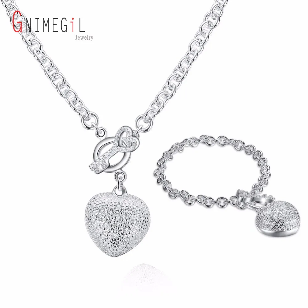 GNIMEGIL оптовая Classic посеребренные сердце брелок для ключей Цепочки и ожерелья + браслет Ювелирные наборы для Для женщин свадебные