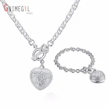 GNIMEGIL Wholesale Classic Silver Plated Heart Key Charm Pendant Necklace Bracelet Jewelry Sets For Women Wedding