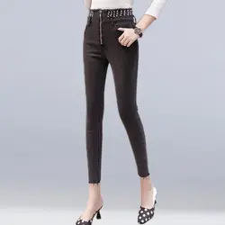 Новый 2019 Для женщин мода талии Diamond джинсы Повседневное бисером кисточкой молнии дизайн джинсовые штаны узкие эластичные брюки карандаш